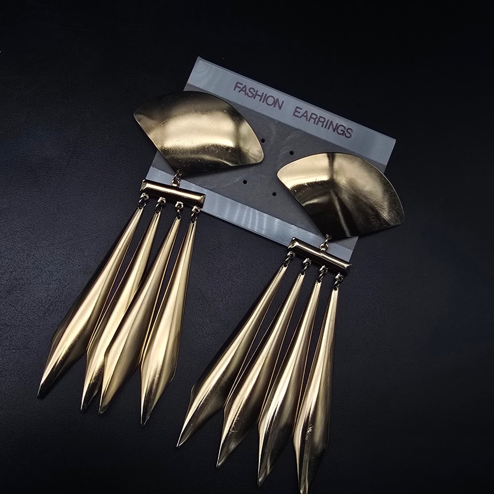 Gold Tone Fan Dangle Earrings Pierced Long Drop Vintage 1980s Jewelry